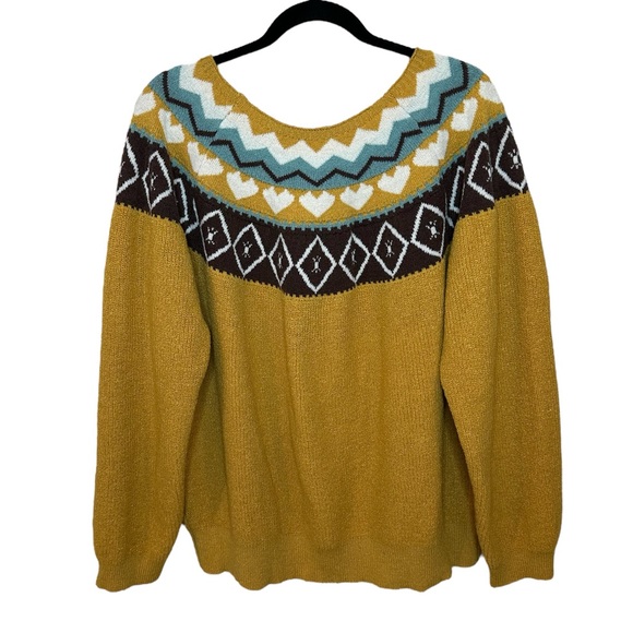 Super Soft and Cozy Mustard Striped Hearts Boatneck Sweater Womens Size XL - Picture 2 of 5